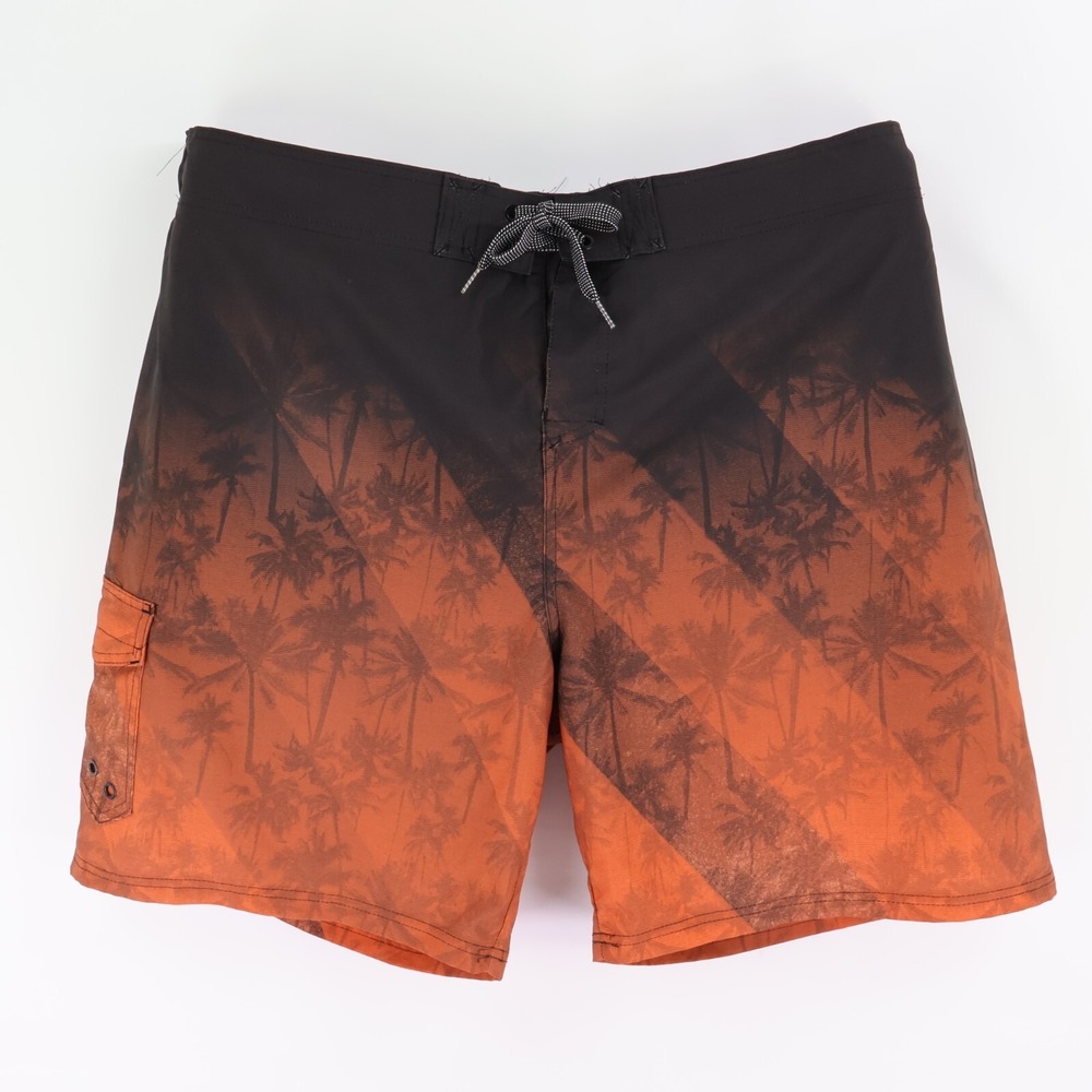 Wave Zone Swim Trunks w/ Liner Mens Size 2XL Black Orange Palm Trees‎ Drawstring
